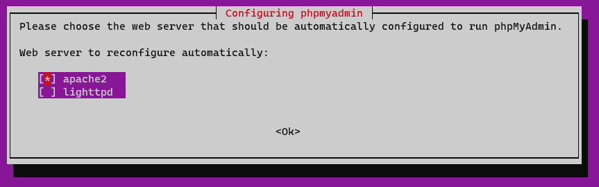 configure phpMyAdmin, select webserver