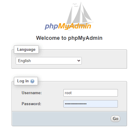 PHPMyAdmin user interface, login page